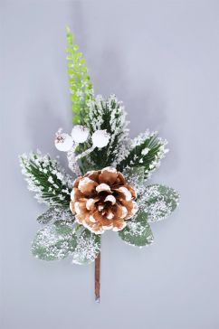 22013 - Snow covered pine cone and leaves - Christmas pick. Measures - 14cm Height x 10cm Width.