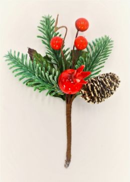 22032 - Triple Leafed Holly & Pine Cone Christmas Pick. Measures - 13cm Height x 10cm Width.
