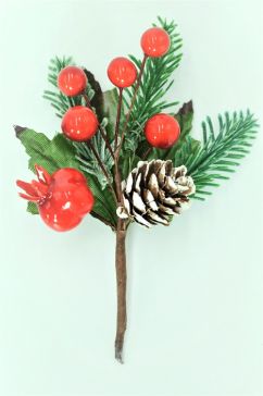 22035 - Christmas Floral & Pine Cones Picks. Measures - 12cm Height x 9cm Width.