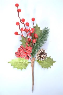 22040 - Bright Green leaves with a cone and frosted berry display Deco Pick.  Height 280mm  x  Width  140mm