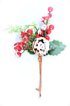 22043 - Dotted Snow Berries & Pine Cones Christmas Pick. Measures - 25cm Height x 11cm Width.