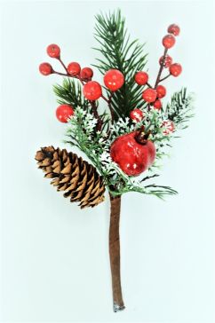 22057 - Traditional Pine cone and berries with a hint of snow - festive floral pick. Measures  Height 210mm  ,   Width  120mm 