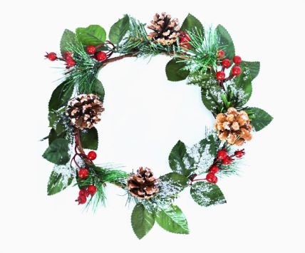 22059 - Festive Christmas Wreath with bright red berries, and snow dusted leaves and pine cones.  Measures  300mm diameter