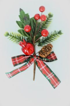 22060 - Berry and Cone festive floral pick with tartan bow.  Measures  Height 130mm  ,   Width  95mm 