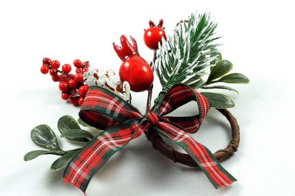 22061 - Christmas candle decoration with frosted pine needles, bright red berries and a lovely tartan bow. Measures  apx 110mm x 100mm