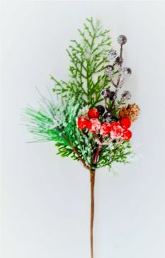 22066 - Winter frosted pine needles embellished with a pine cone and berries - the perfect festive floral pick.  Measures  Height 300mm ,   Width  140mm 