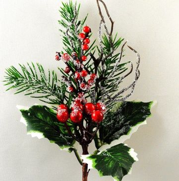 22068 - Winter frosted holly, pine needles and berries - festive floral pick. Measures  Height 275mm ,   Width  140mm 