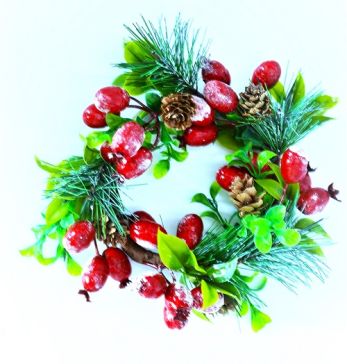 22078 - Wintery wreath. Vibrant green leaves, pine needles and cones with bright red berries floral display.  Size   Approx 230mm Diametera