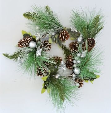 22084 - Small Wintery hanging wreath with frosted pine cones and sparkly baubles.  Approx Size:  30cm Dia