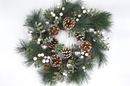 22085 - Large Wintery hanging wreath with frosted pine cones, pine needles, silver baubles and white berries. Approx Size:  45cm Dia