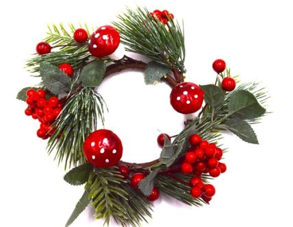 22088 - A beautiful candle decoration. Bright red berries and toadstools entwined with pine needles.  Measures approx 160mm  Outer diameter