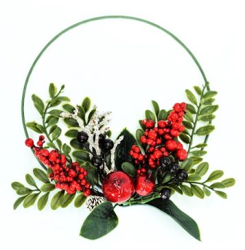 22089 -  Beautiful wintery wreath with lush red berries and green leaves embellished with snowy pine cone and branch. Size   Approx 24cm dia 