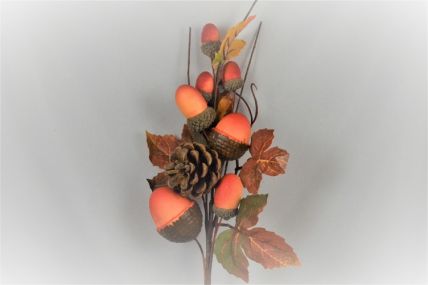 22090 - Autumn Halloween display of Golden leaves and bright acorn nuts and pine cones  - floral pick display.  Measures  Height 310mm ,   Width  140mm 