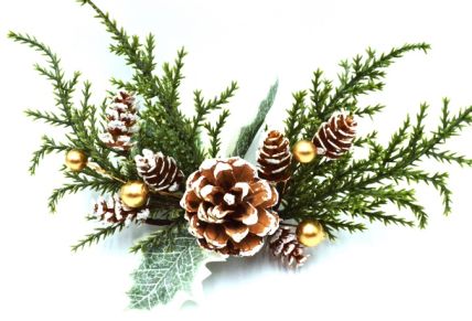 22092 -  A wintery collection of branches , snow covered pine cones and golden baubles deco pick.  Height 140mm  ,   Width  220mm   (Approx)
