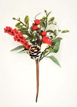 22095 - A lovely arrangement of frosted leaves, bright red berries and toadstools and pine cones deco pick.  Size :  Height 150mm  x  Width  100mm