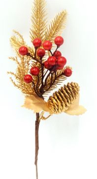 22097 - Golden pine needles and cone with a golden leaf, embellished with bright red berries deco pick.  Size :  Height 270mm  x  Width  140mm