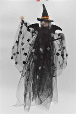 22100A - Wicked Witch Halloween hanging decoration with black mesh printed shawl.  Height 40cms , Width  25cms  (Approx) 