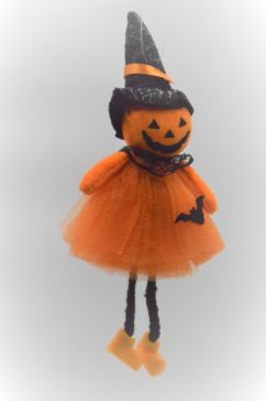 22102 - Small Pumpkin Halloween hanging decoration with a orange sheer mesh shawl.  Height 20cms , Width  10cms  (Approx) 