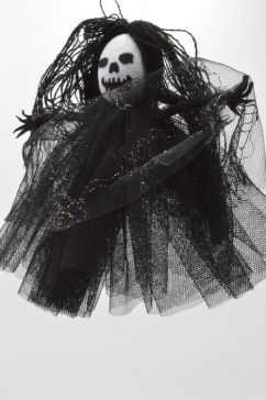 22103 - Small Halloween witch hanging decoration with long straggly hair and a black sheer shawl.  Height 13cms , Width  14cms  (Approx) 