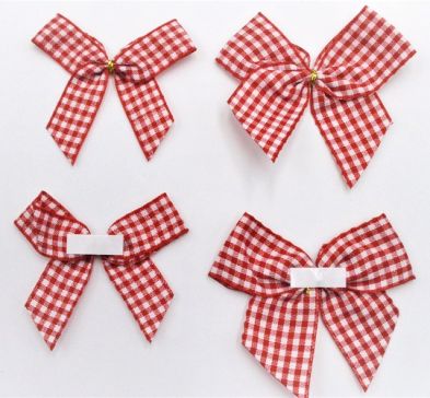 31175 - 15mm / 25mm Hand tied Red Gingham ribbon bow with adhesive pad (6 pieces in a pack) 