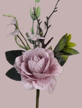 33006 - Dusky Lilac floral arrangement accompanied with lush green leaves. Floral Pick.  Height  25cms ,  Width  13cms  (approx)