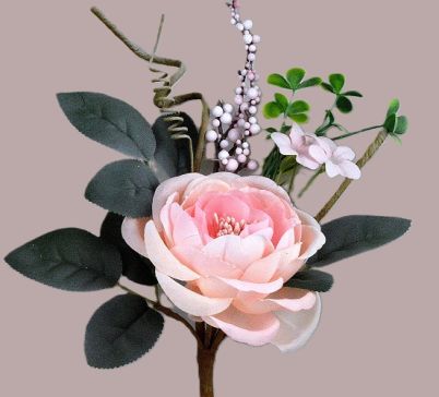 33008 - Soft Rose floral arrangement embraced with lush leaves and embellishments. Floral Pick.  Height  28cms ,  Width 21cms  (approx) 