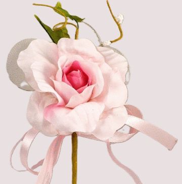 33014 - Delicate Pink rose floral arrangement with satin and organza bow and other embellishments. Floral Pick.  Height  18cms ,  Width 17cms  (approx) 