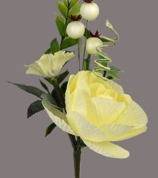 33016 - Soft Cream floral arrangement accompanied with delicate embellishments and leaves. Floral Pick.  Height  19cms ,  Width  8cms  (approx)