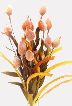 33023 - Golden floral display with soft textures of leaves and grasses.  Height  57cms ,  Width 24cms  (approx) 