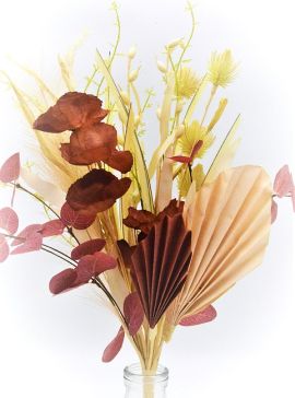 33030 - Dusky red flower and petals in a floral display with beautifully soft textures of leaves and grasses.  Height  50cms ,  Width 32cms  (approx) 