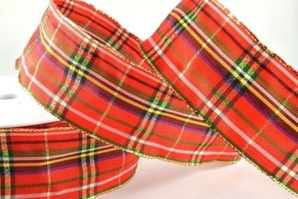 44545 - 40mm Red Wired Lurex Woven Tartan Ribbon x 20 Metres!