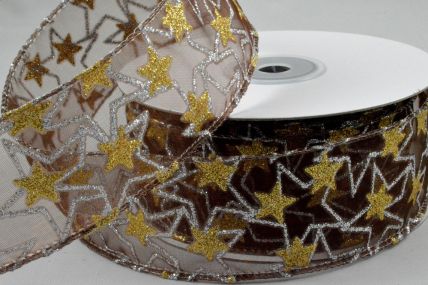 Y670 - 38mm Brown Wired Sheer Glitter Star Ribbon x 10 Metre Rolls!