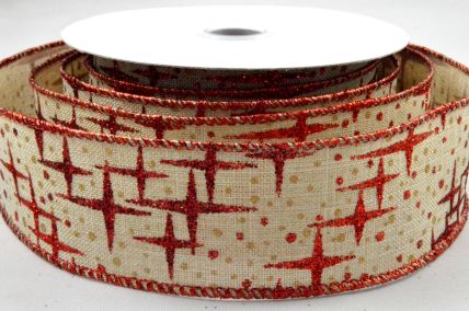 Y841 - 63mm Wired Burlap Red Glitter Star Printed Ribbon x 10 Metre Rolls!