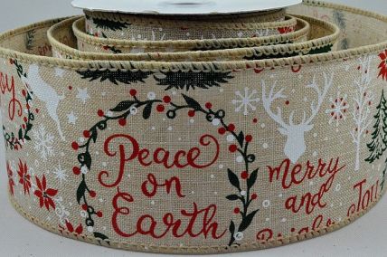 46055 - 63mm Jute Natural wire edge ribbon with a festive Christmas message with reindeers and trees x 10mts