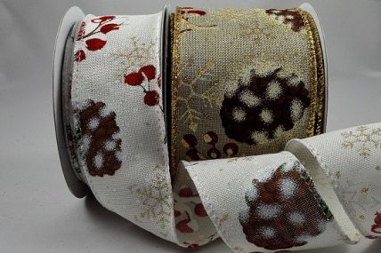 46058 - 38mm & 63mm Wired Lurex edge polyester ribbon with a Pine Cone and berry Christmas design and sparkly snowflakes x 10mts!