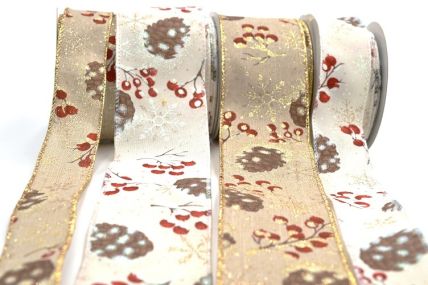 46058 - 38mm & 63mm Wired Lurex edge polyester ribbon with a Pine Cone and berry Christmas design and sparkly snowflakes x 10mts!