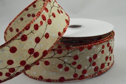 46063 - 38mm Wintery branches with glistening berries wired woven edge ribbon x 10mts - Natural