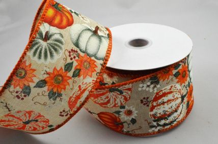 46065 - 63mm Wired woven edge natural ribbon with a Pumpkin Halloween and Autumn design