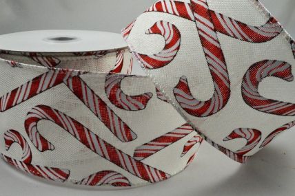 46068 63mm Festive Candy Stripe Printed design onto a natural wired edge ribbon