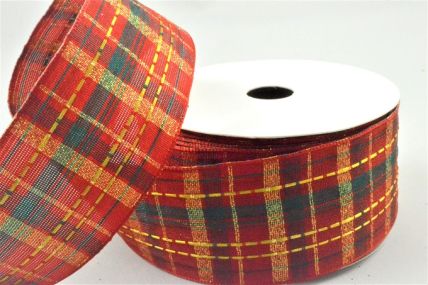 46077 - 40mm Wired Edge Modern Red, Green and Gold check ribbon  x 11mts