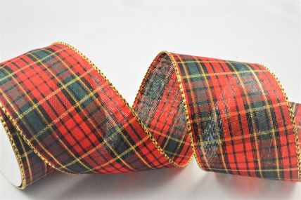 46079 - 63mm Wired Edge Festive Red and Green Tartan check with a gold lurex sparkle  x 11mts