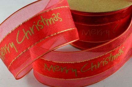55025 - 38mm Red Merry Christmas Ribbon x 10 Metre Rolls!