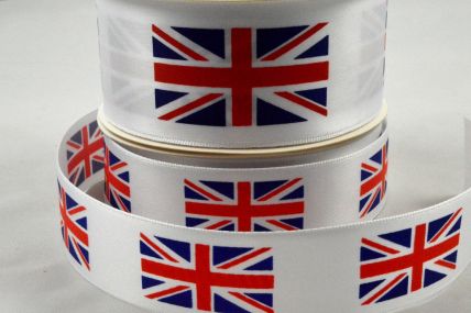 55095 - 25mm & 38mm White Single Satin Union Jack Flag Ribbon x 10 Metre Rolls!
