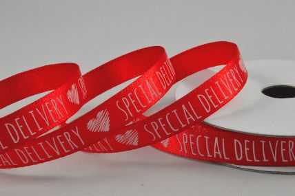 Y926 - 10mm Red Satin Special Delivery Heart Ribbon x 10 Metre Rolls!