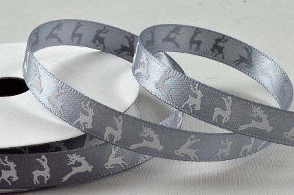 55109 - 10mm Silver Reindeer Printed Christmas Ribbon x 10 Metre Rolls!
