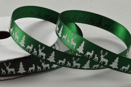 55111 - 10mm Green Reindeer & Christmas Trees Printed Ribbon x 10 Metre Rolls!