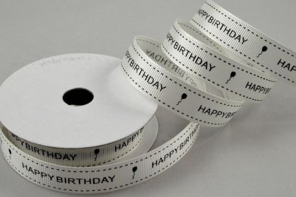 55112 - 16mm Cream & Black Grosgrain Happy Birthday Printed Ribbon x 10 Metre Rolls!
