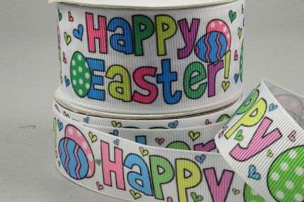 55118-25mm/38mm White grosgrain with a Multi Colour Happy Easter message x 10mts