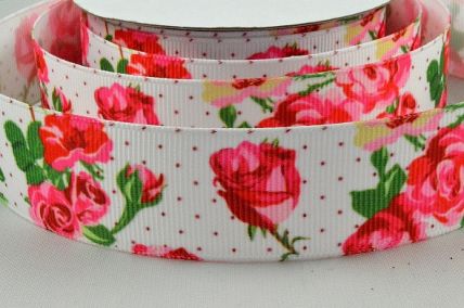 55121 - 25mm White ribbed ribbon with a colourful floral printed design x 10 Metre Rolls!