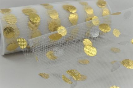 Y923 - Large Bright Golden printed dots onto a White Nylon tulle x 10mts